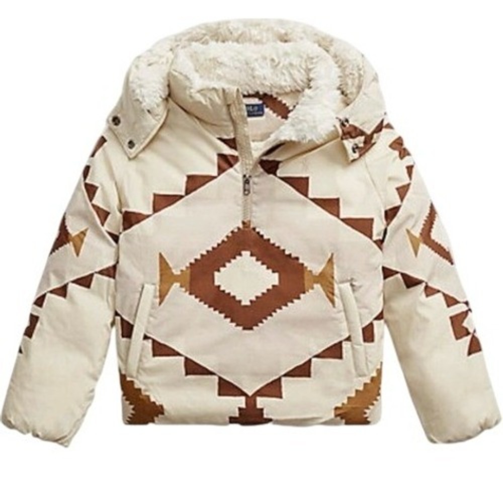 Polo Ralph Lauren Girls Southwestern Aztec Down Puffer Jkt Cream Tan Sz M 10-12